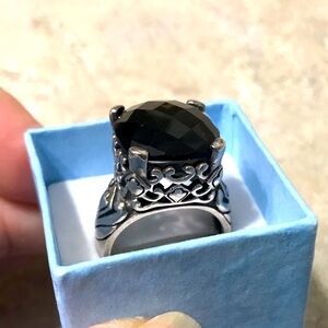 Elegant Sterling Silver Ring with Dark Semi Precious Stone